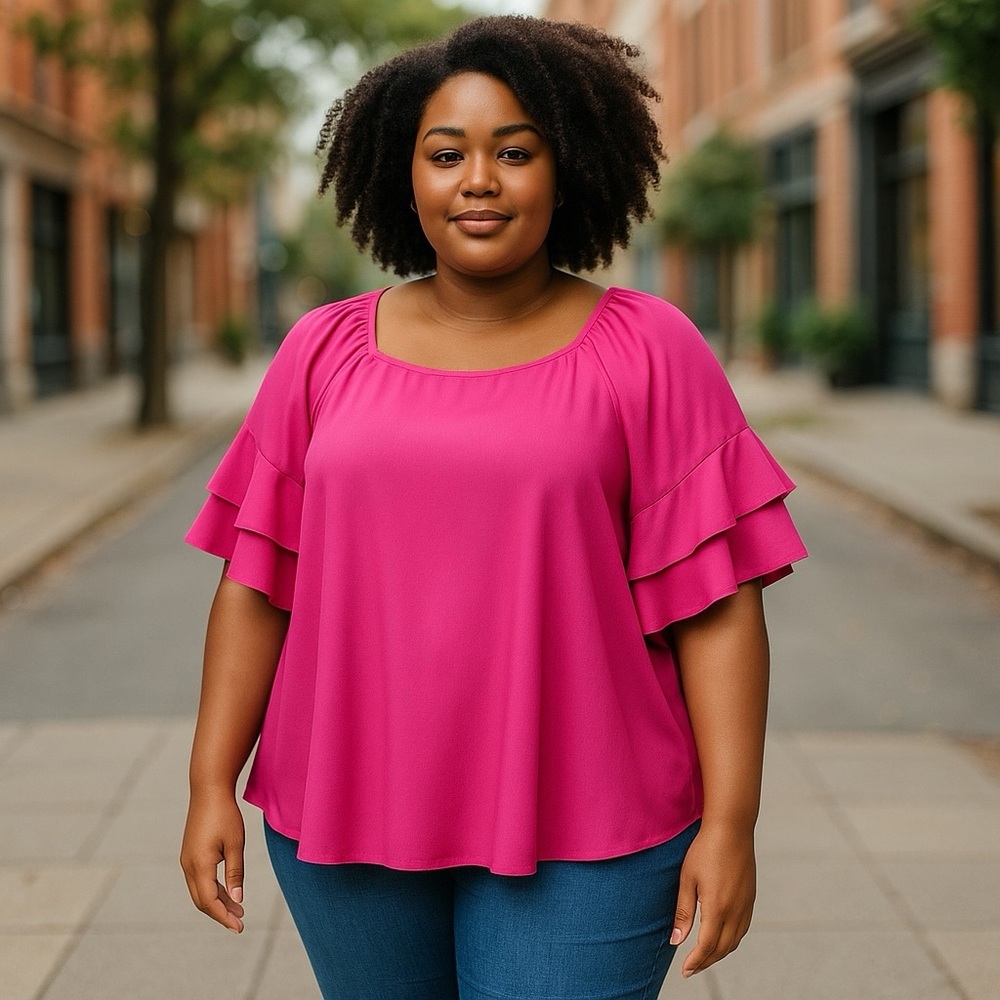 SHEIN Curve Pink Ruffle 3/4 Sleeve‎ Top Blouse Plus Size 1XL